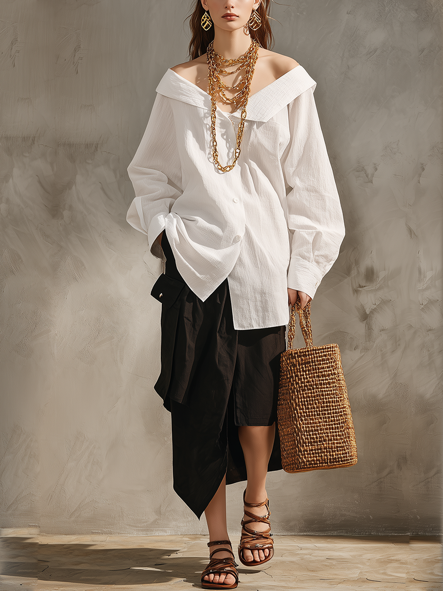 Vera | White Shirt Black Midi Skirt Set