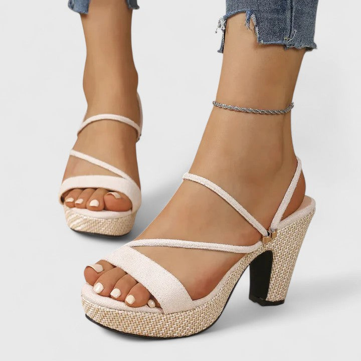 Lorienna | Beige Strappy Comfort Heels — view 6