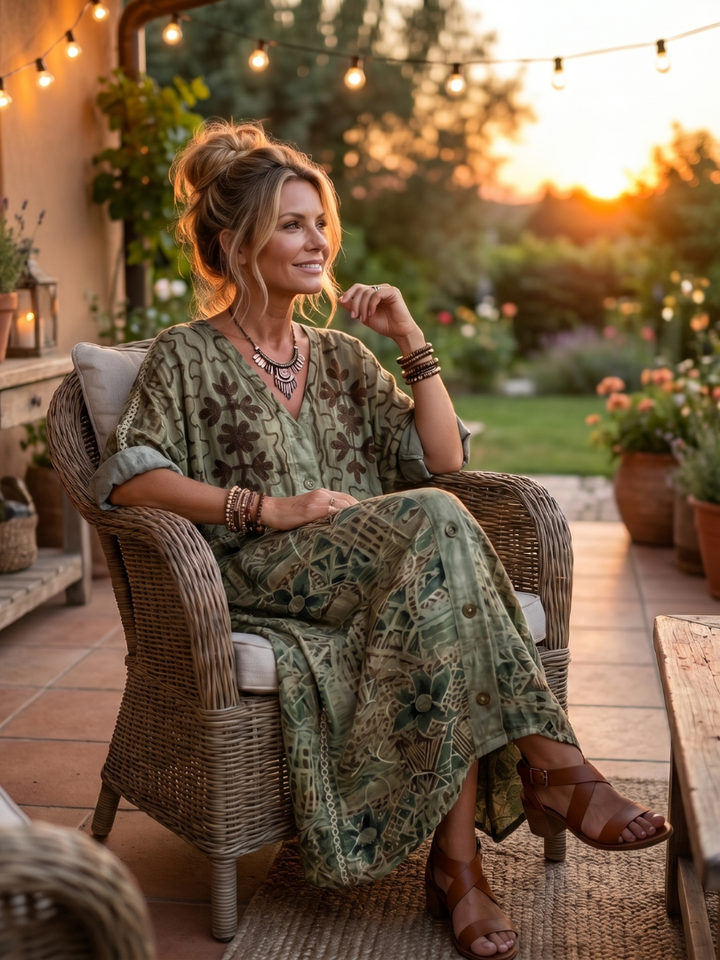 Aleta | Button Front Embroidered Oversized Pocket Midi Dress — view 6