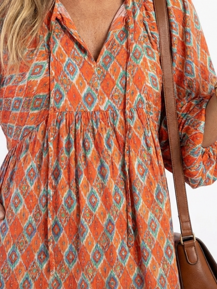 Marisette | Geometric Print V-Neck Tiered Midi Dress — view 3