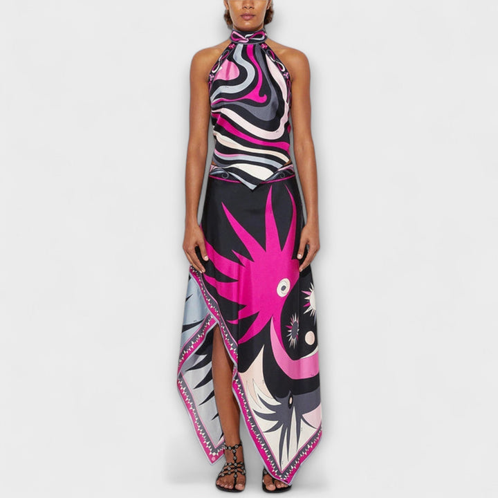 Everly | Halter Top and Asymmetrical Midi Skirt Set