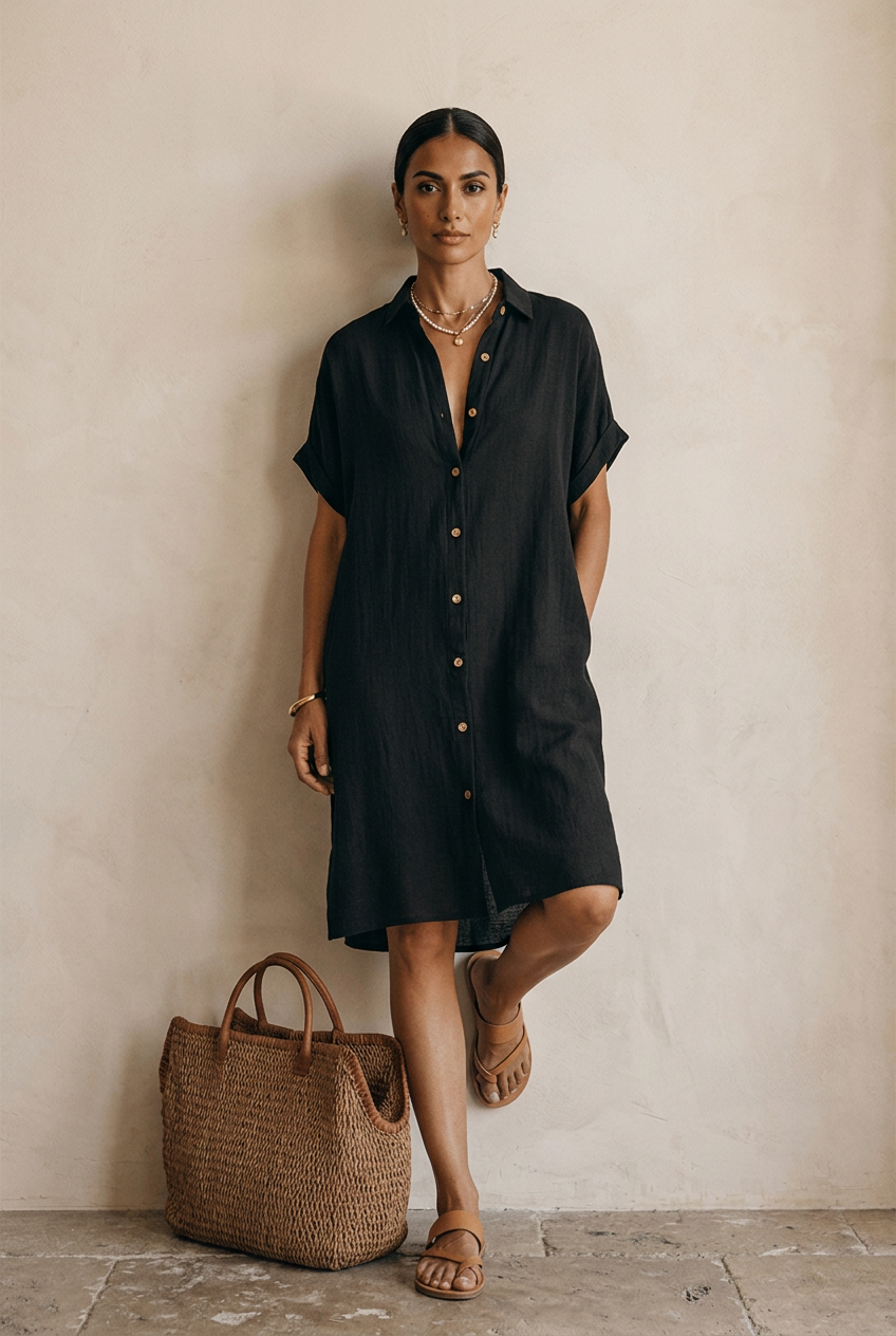 Georgie | Black Linen Relaxed Midi Dress — view 3