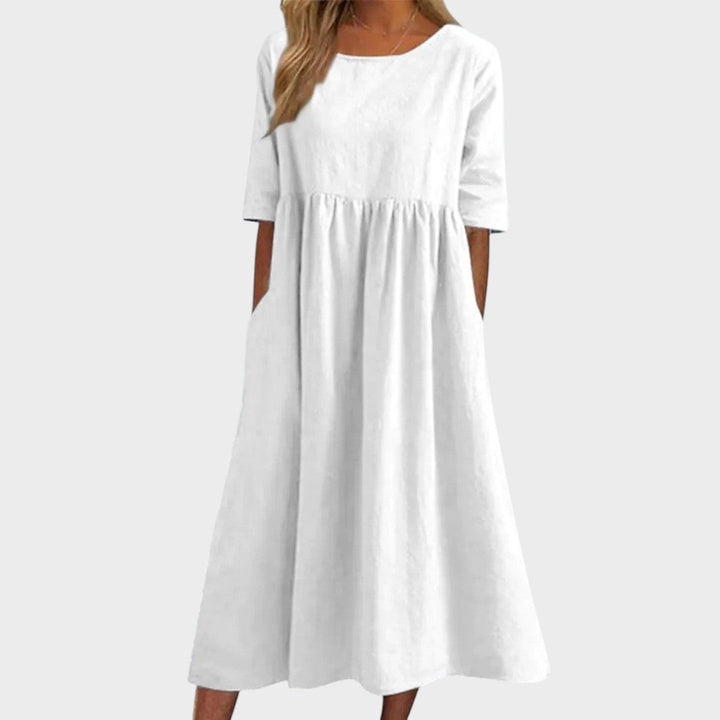 Lucia | Cotton Dress with Round Neck and Waist Detail