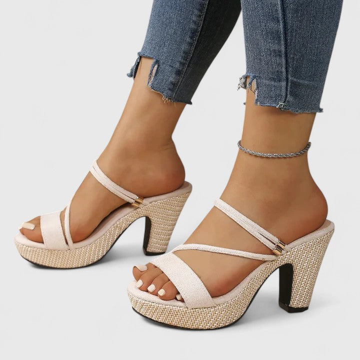 Lorienna | Beige Strappy Comfort Heels — view 7