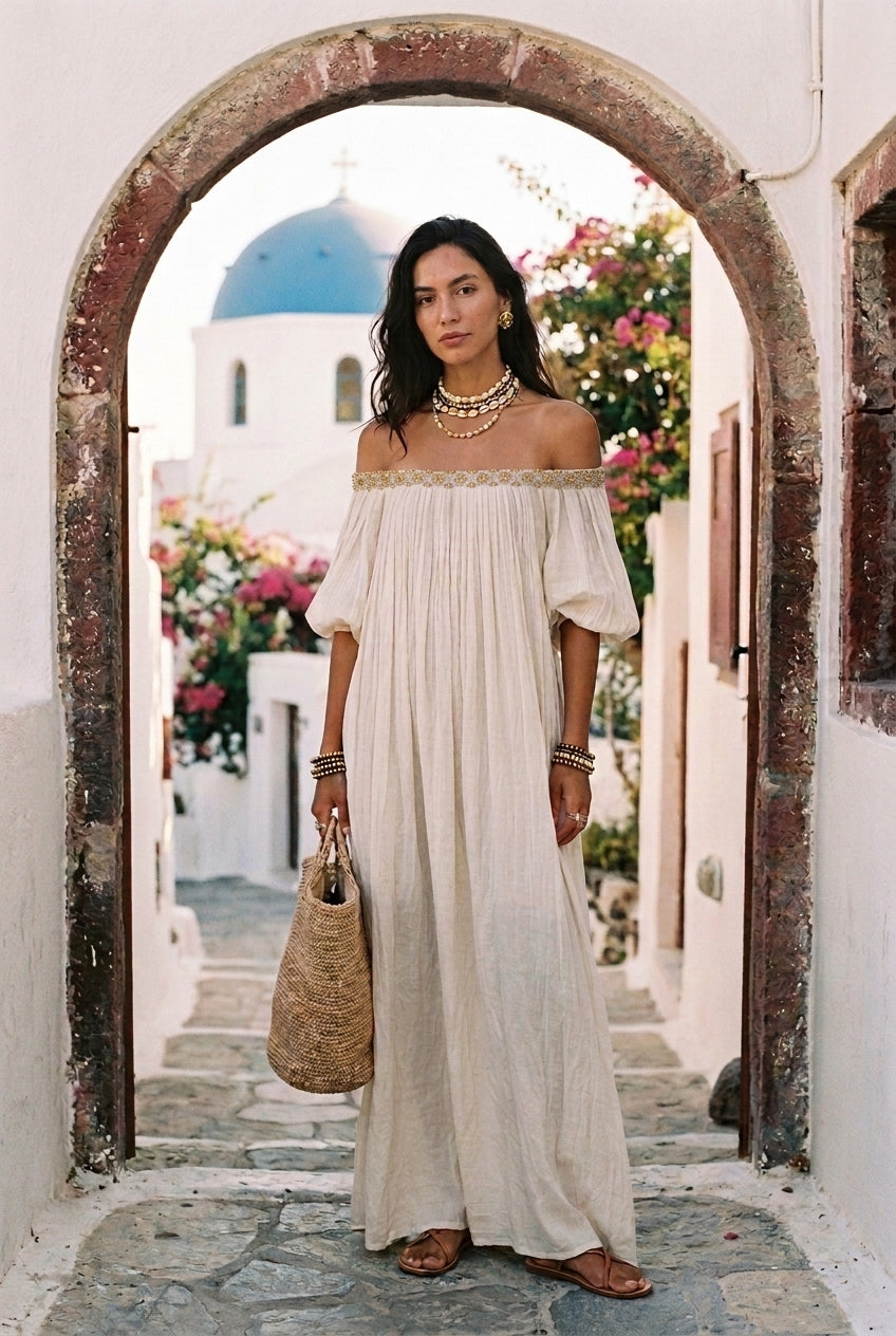 Inez | Pleated Off-Shoulder Maxi Dress — view 4