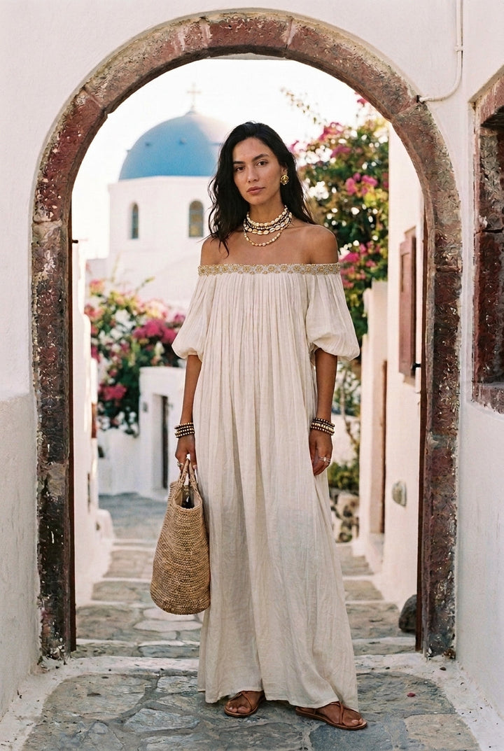 Inez | Pleated Off-Shoulder Maxi Dress — view 4