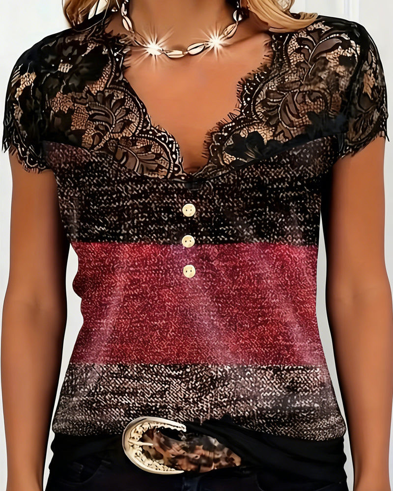 Sharon | V-Neck Tee with Lace Patchwork — view 3