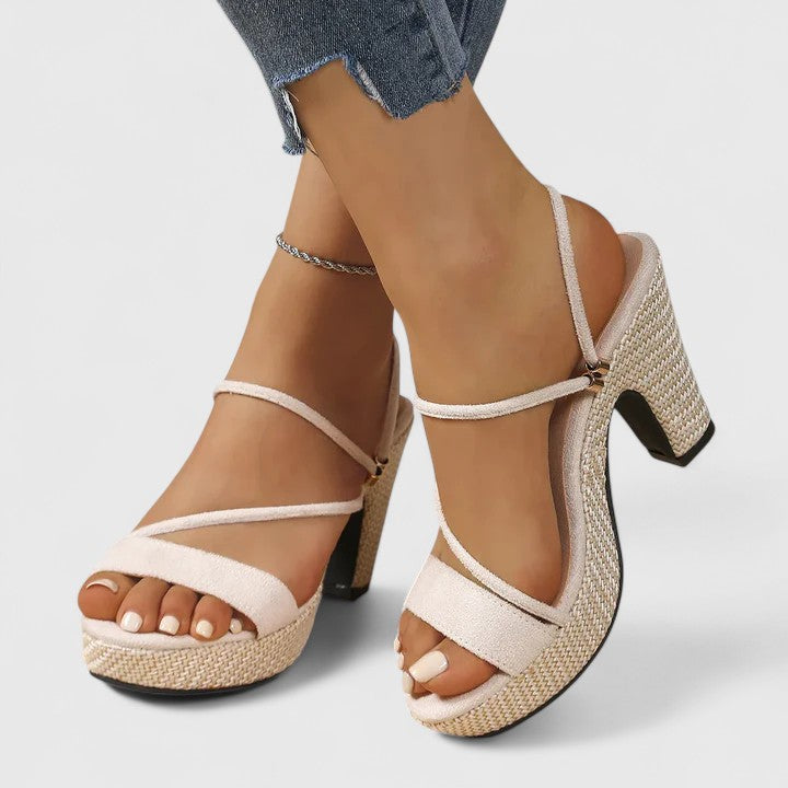 Lorienna | Beige Strappy Comfort Heels — view 8