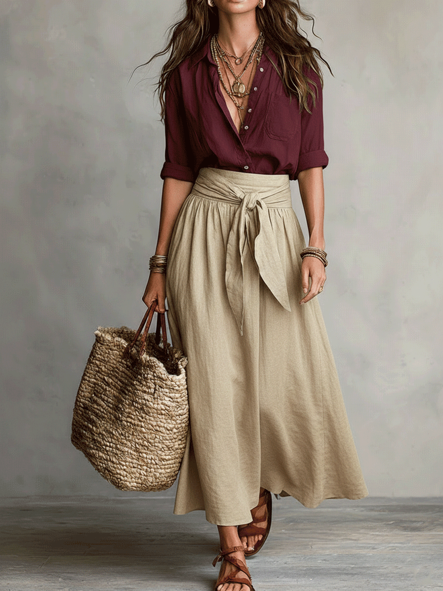 Leah | Red Satin Midi Skirt & Blouse Set