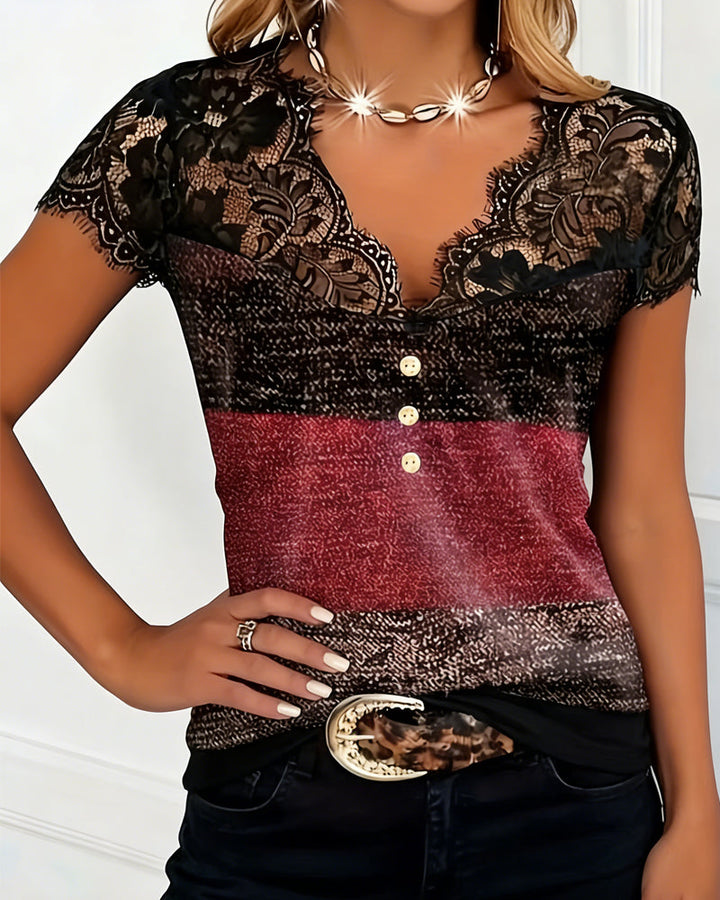 Sharon | V-Neck Tee with Lace Patchwork — view 2