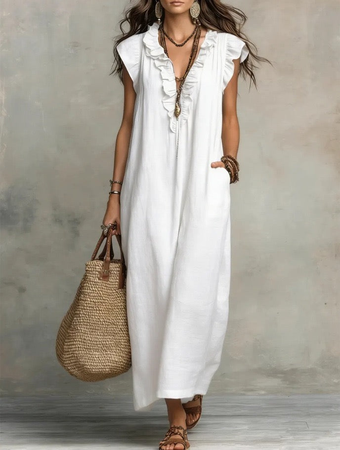 Ivorette | White Flowy V-Neck Maxi Dress