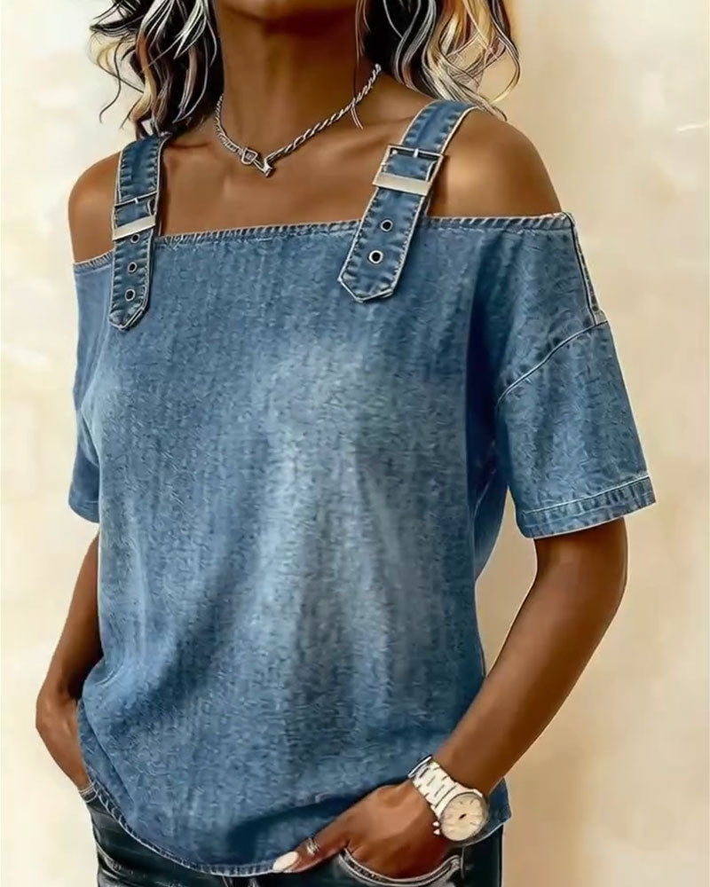 Patricia | Off-Shoulder Denim Shirt — view 3