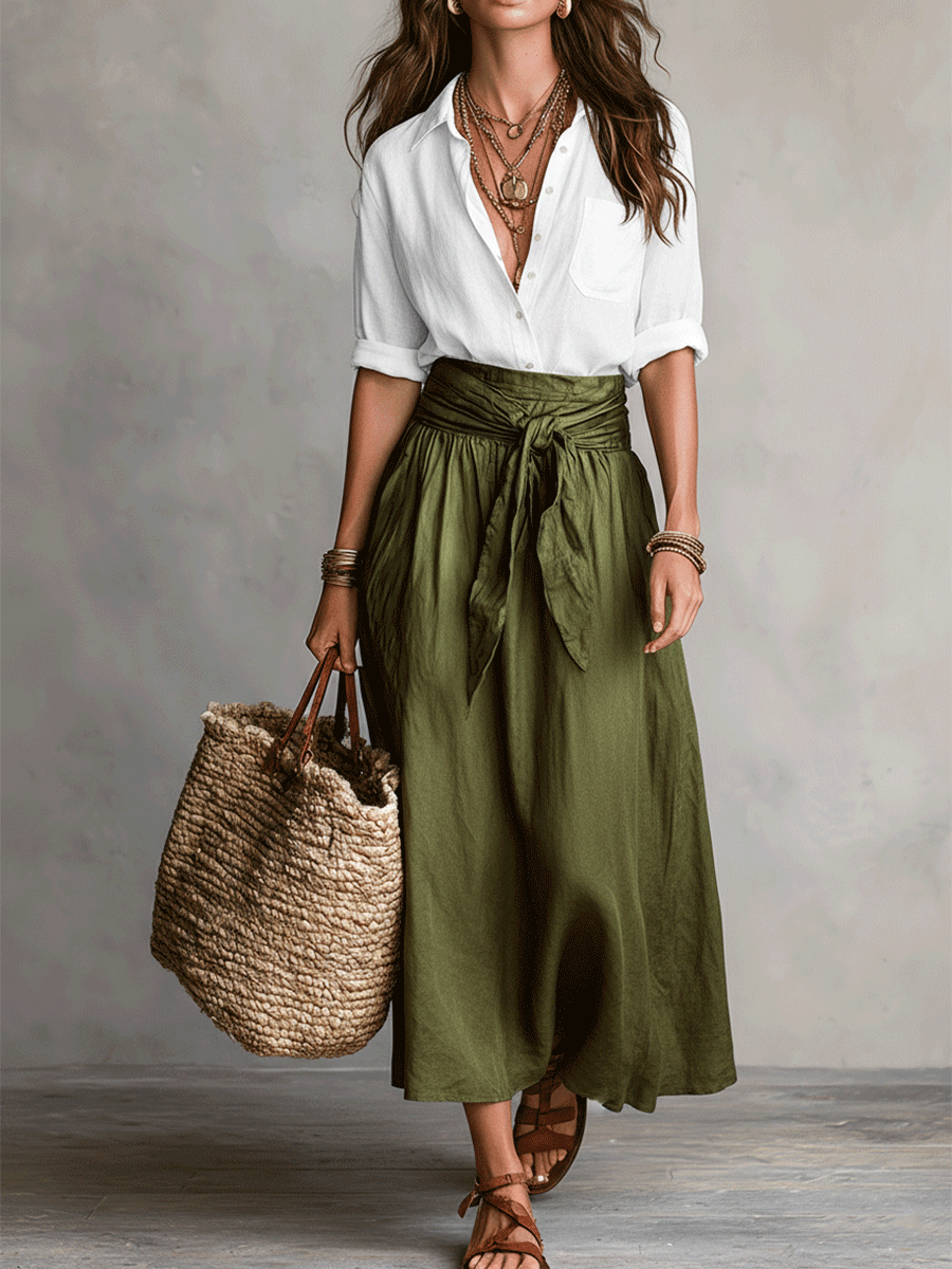 Imogen | Green Satin Midi Skirt & Blouse Set