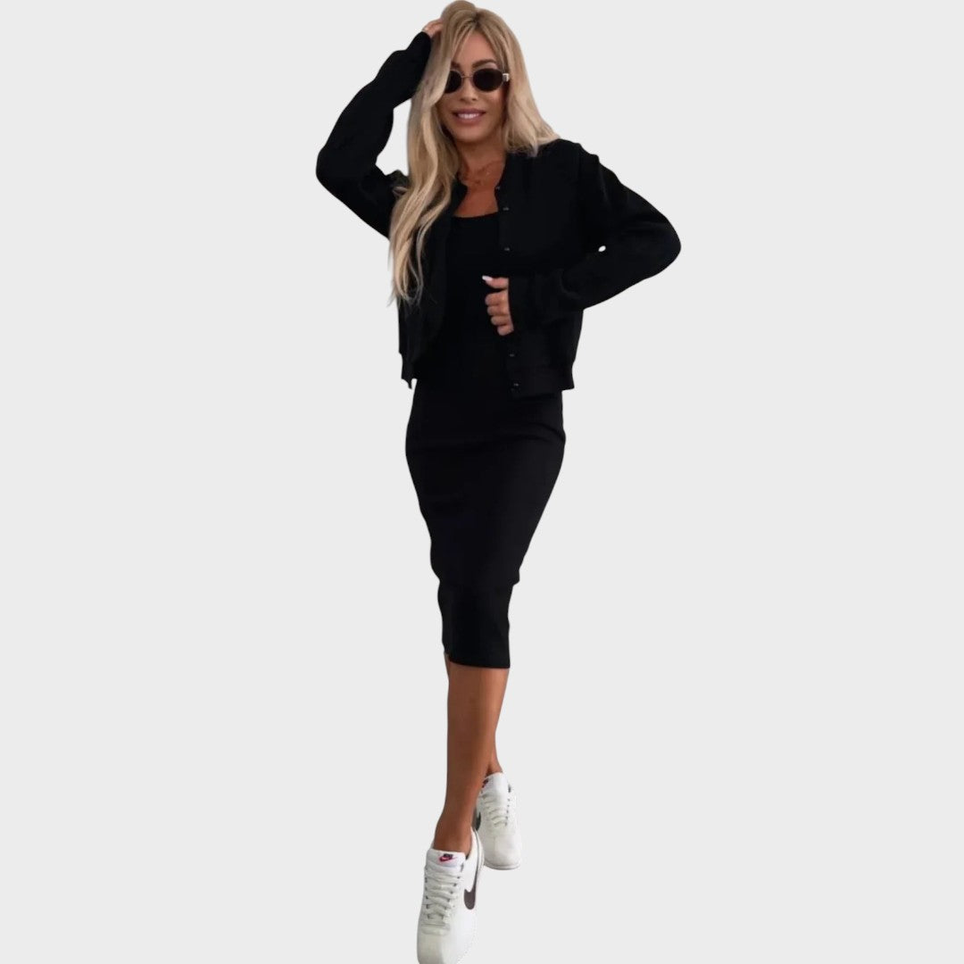 Karin | Midi Dress and Ribbed Bomber Jacket Set