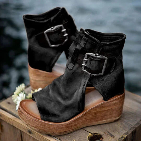 Rue | Black Open Toe Buckle Ankle Boots