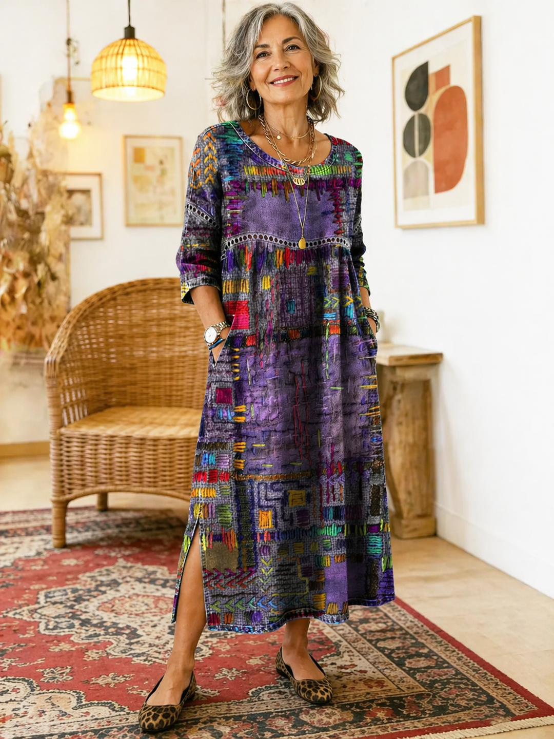 Manuela | Printed Dress with Ethnic Patchwork — view 3