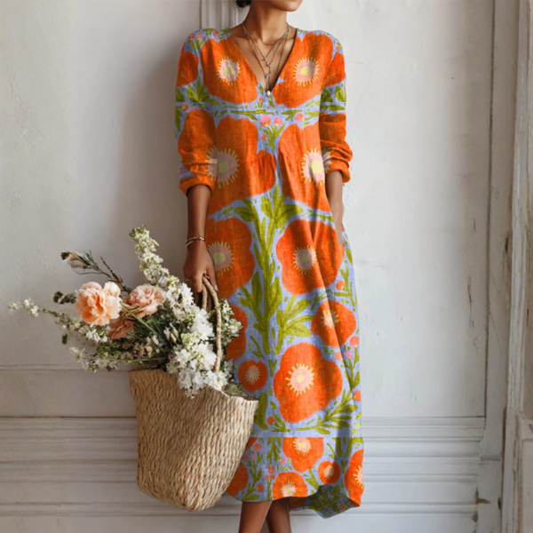 Marlene | Dark Floral Print Boho Midi Dress