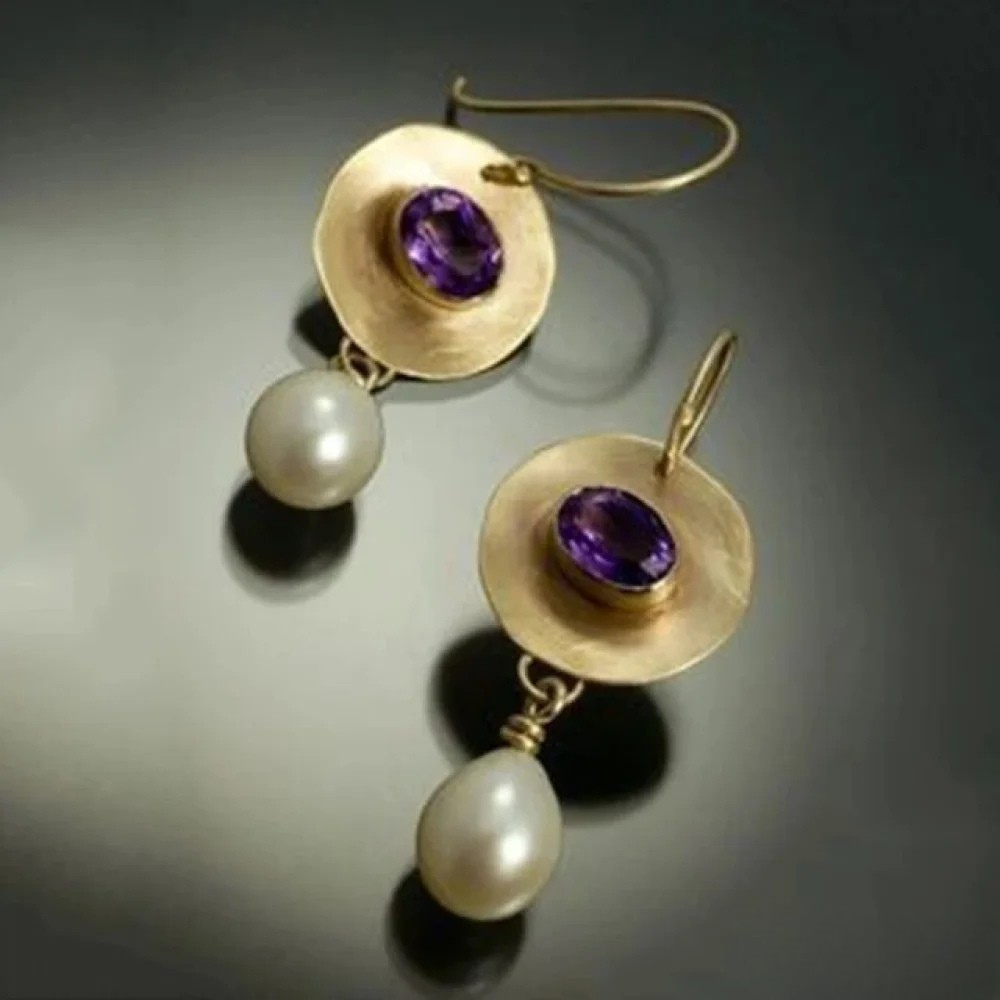 Kessa | Vintage Gold-Tone Earrings with Purple Zirconia and Pearls