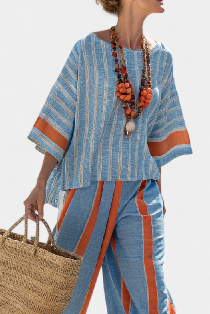 Aurora | Sophisticated Terracotta Striped Top and Linen Trousers