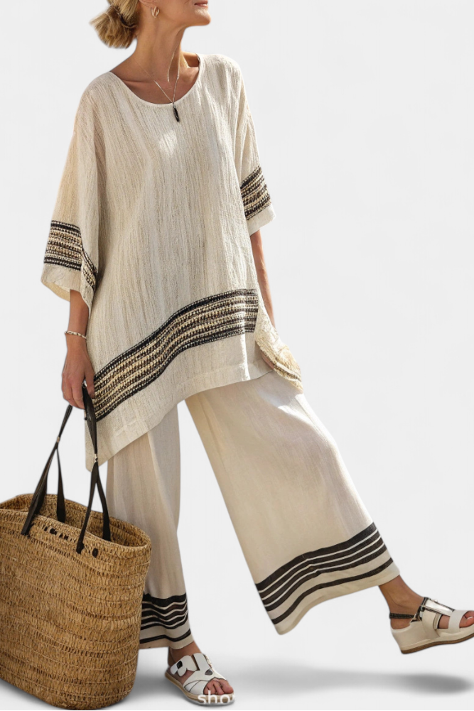 Aubrey | Elegant Black Striped Linen Top and Flowing Trousers