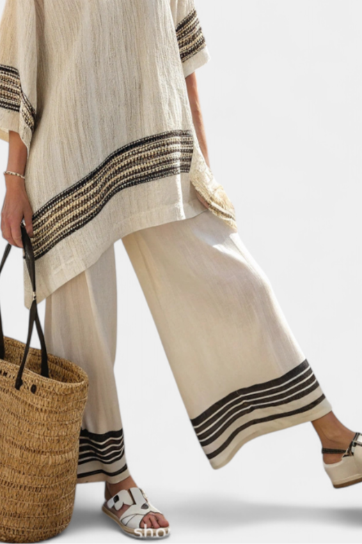 Aubrey | Elegant Black Striped Linen Top and Flowing Trousers