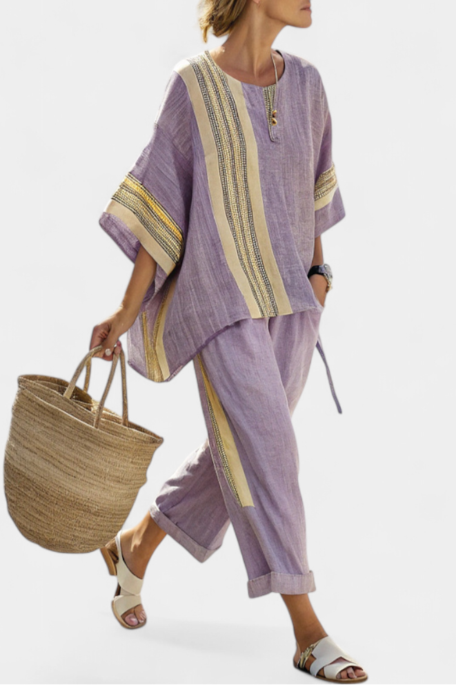 Abigail | Elegant Lavender Top and Mustard Striped Trousers