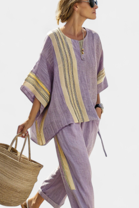 Abigail | Elegant Lavender Top and Mustard Striped Trousers