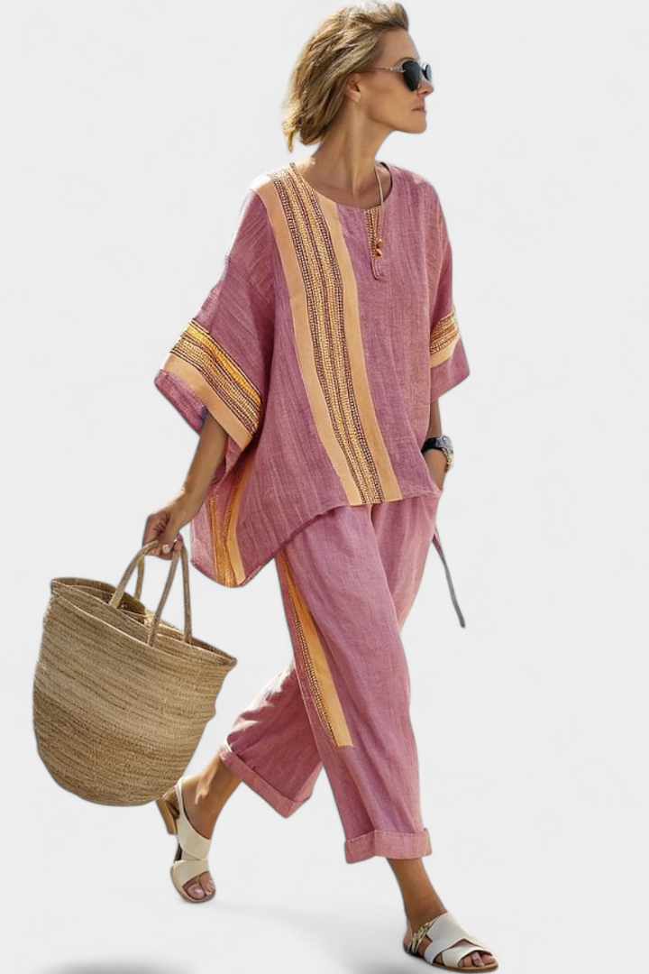 Abigail | Elegant Lavender Top and Mustard Striped Trousers