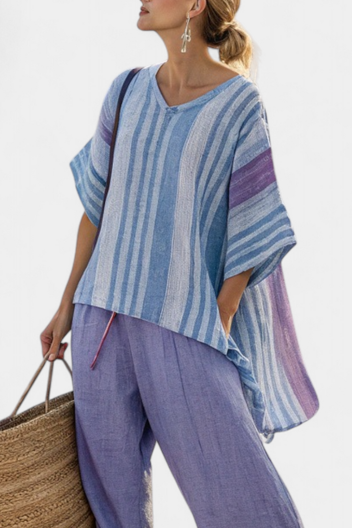 Hazel | Elegant Lavender and Sky Blue Top and Linen Trousers