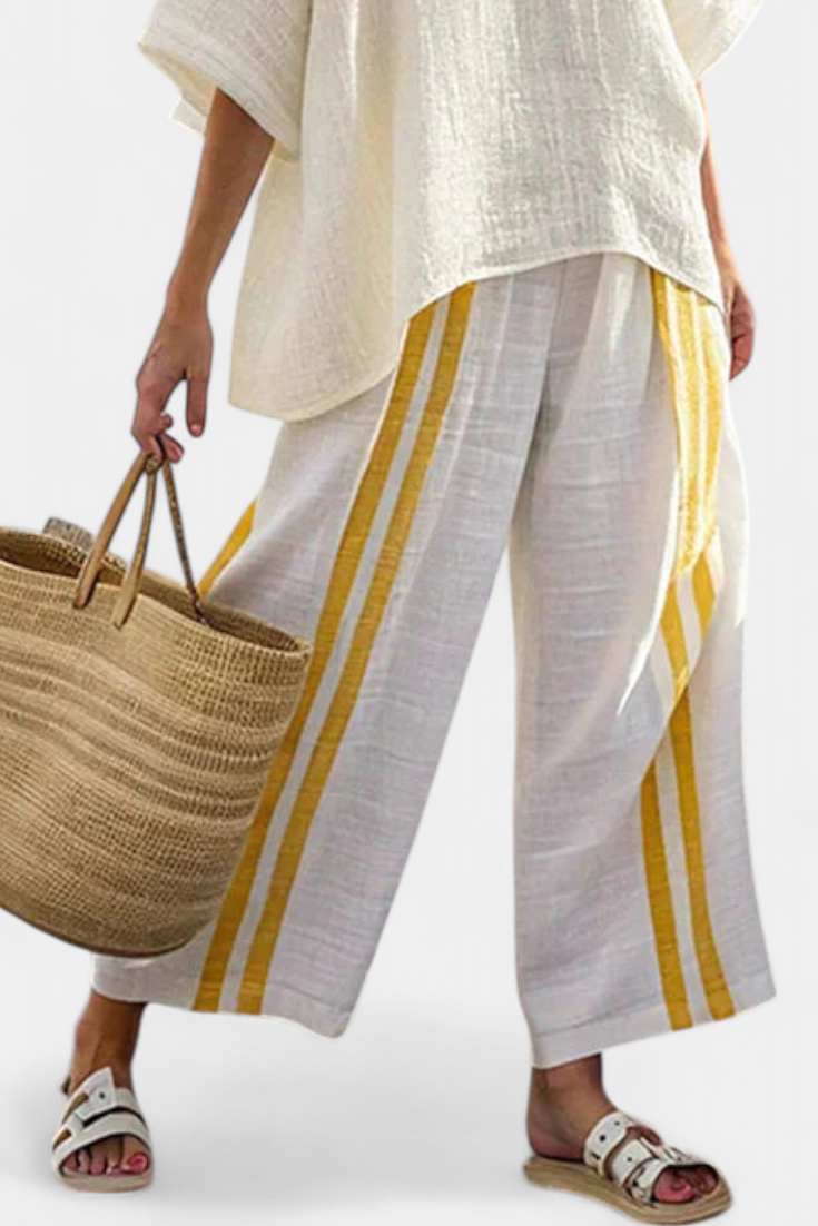 Noémie | Elegant Yellow Striped Linen Top and Wide Leg Trousers