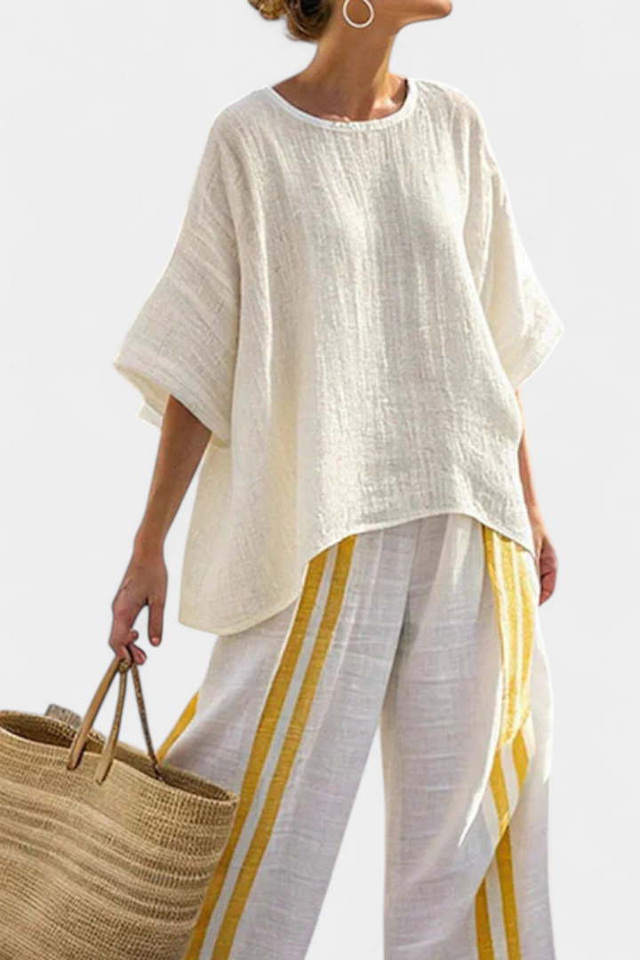 Noémie | Elegant Yellow Striped Linen Top and Wide Leg Trousers