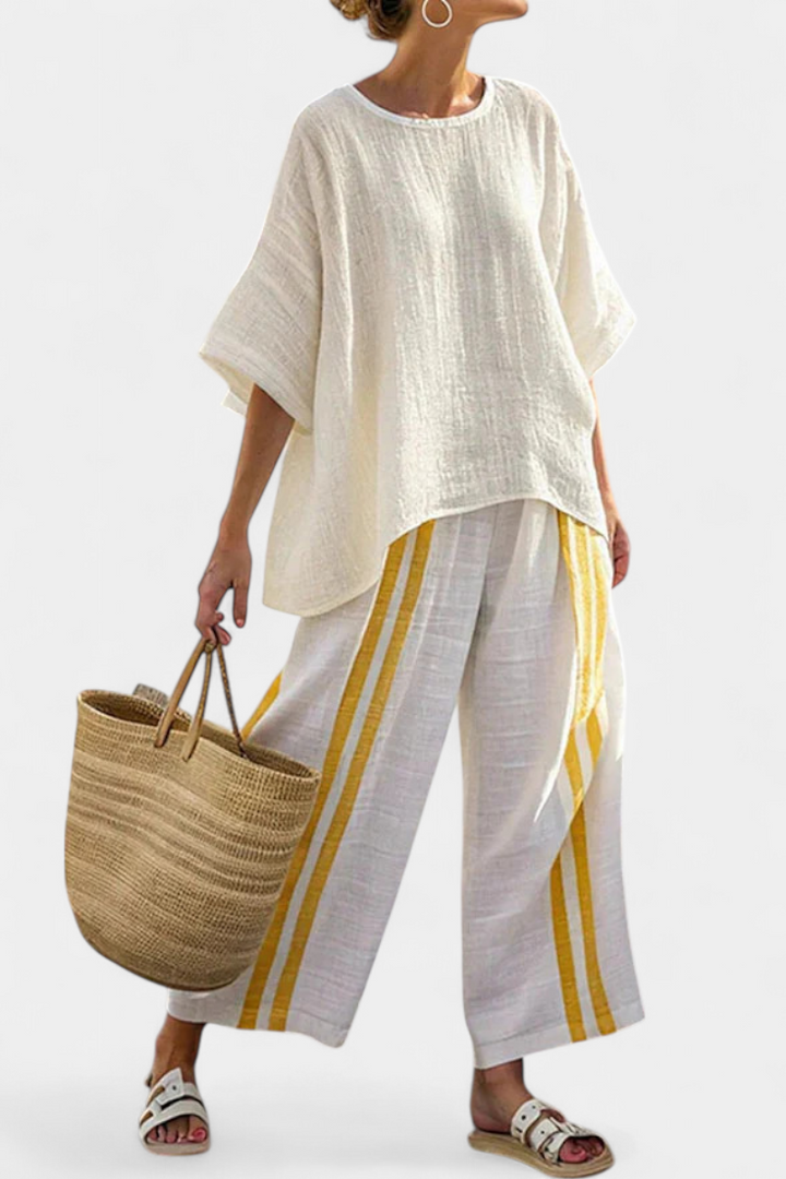 Noémie | Elegant Yellow Striped Linen Top and Wide Leg Trousers