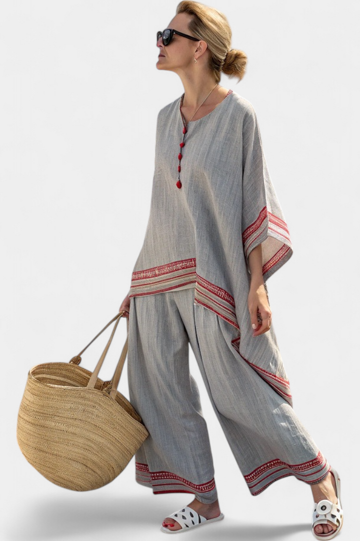 Claire | Sophisticated Asymmetric Blouse and Ethnic Wide-leg Trousers