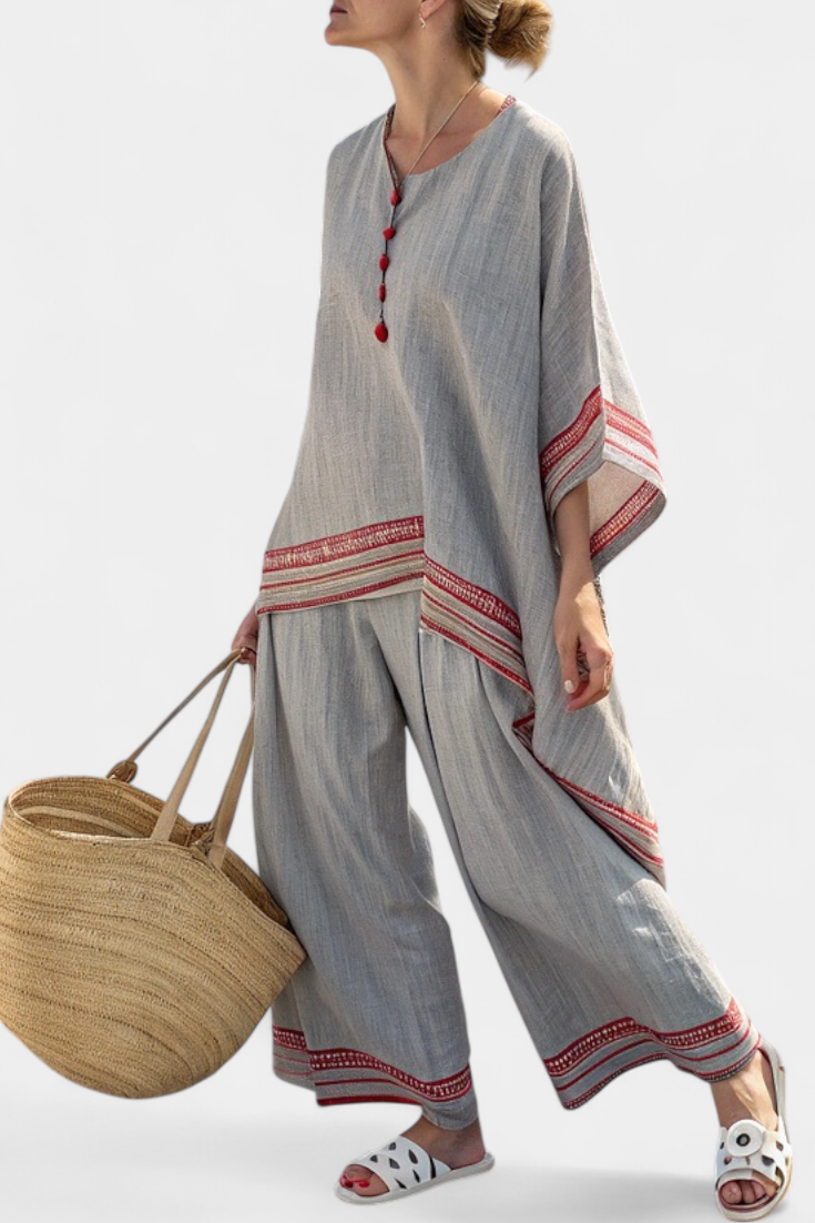 Claire | Sophisticated Asymmetric Blouse and Ethnic Wide-leg Trousers