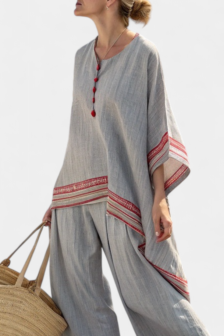 Claire | Sophisticated Asymmetric Blouse and Ethnic Wide-leg Trousers