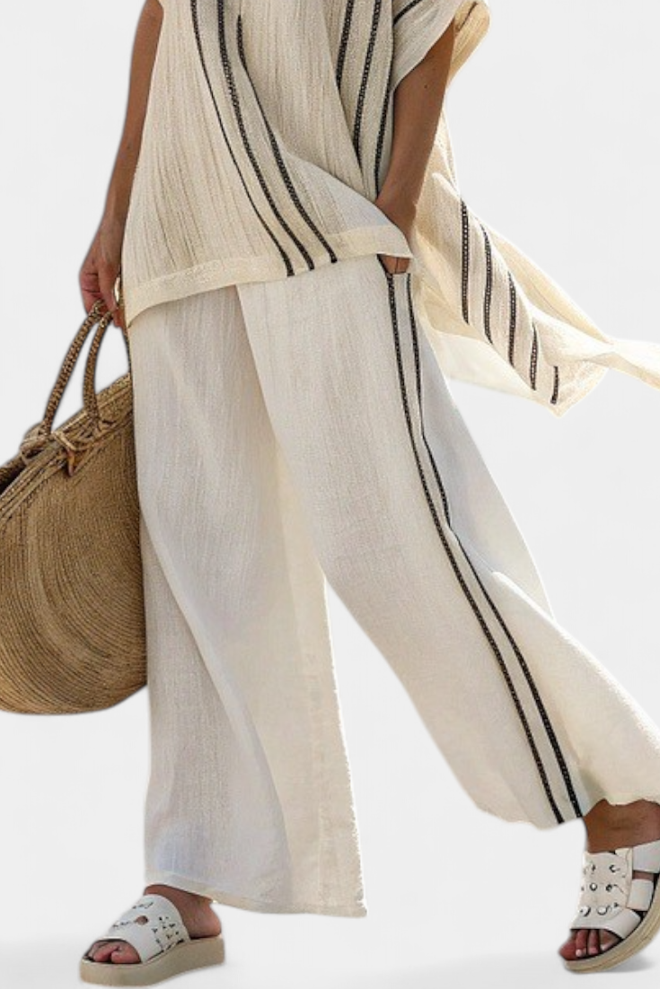 Isla | Elegant Ivory Linen Blouse and Black Striped Trousers