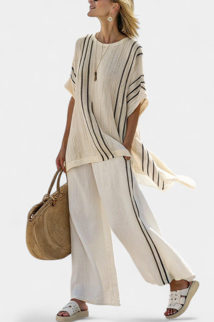 Isla | Elegant Ivory Linen Blouse and Black Striped Trousers