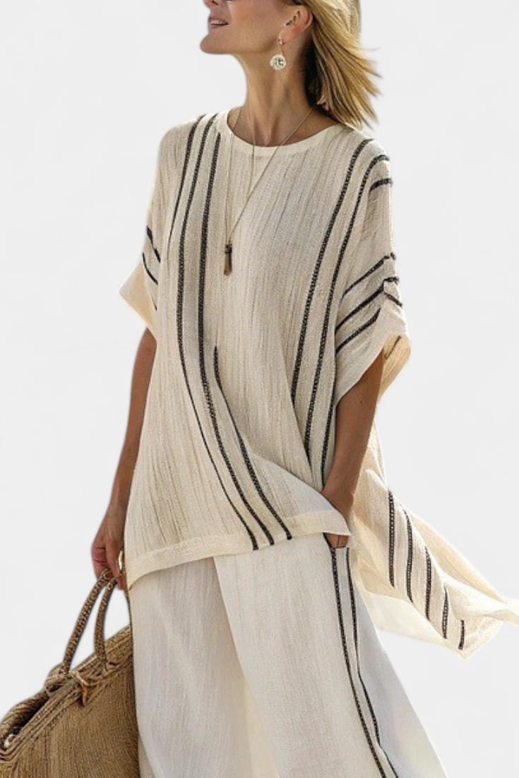 Isla | Elegant Ivory Linen Blouse and Black Striped Trousers