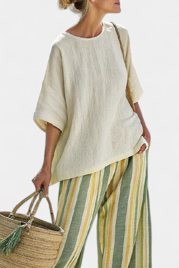 Eleanor | Sophisticated Top and Striped Linen Trousers