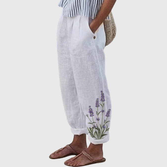 Alana | Blue Botanical Print Pants — view 2