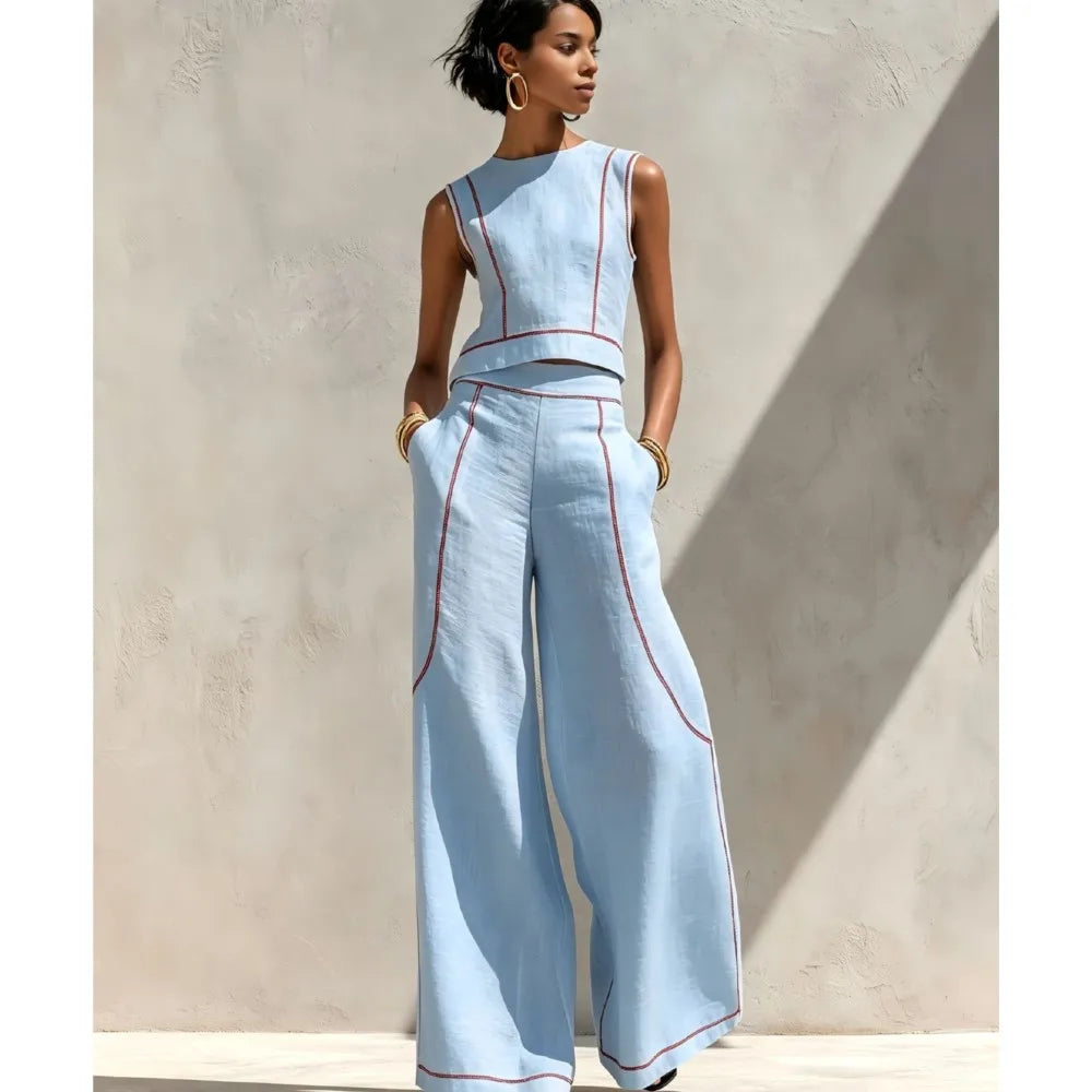 Skyella | Cream Wide-Leg Vest & Trouser Set