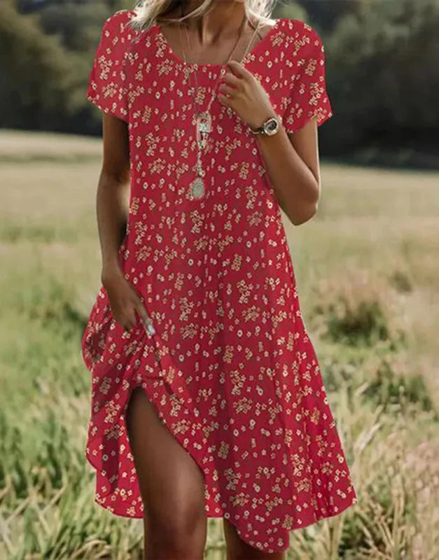 Redmara | Red Boho Floral Beach Dress