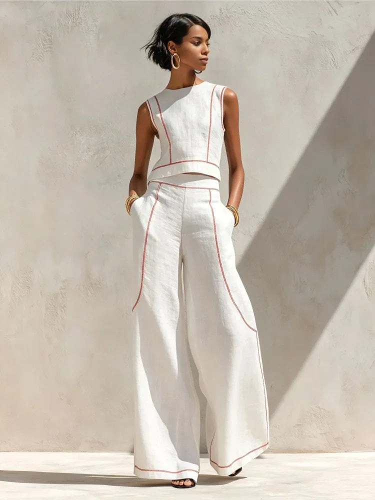 Ivorette | Beige Striped Vest & Trouser Set
