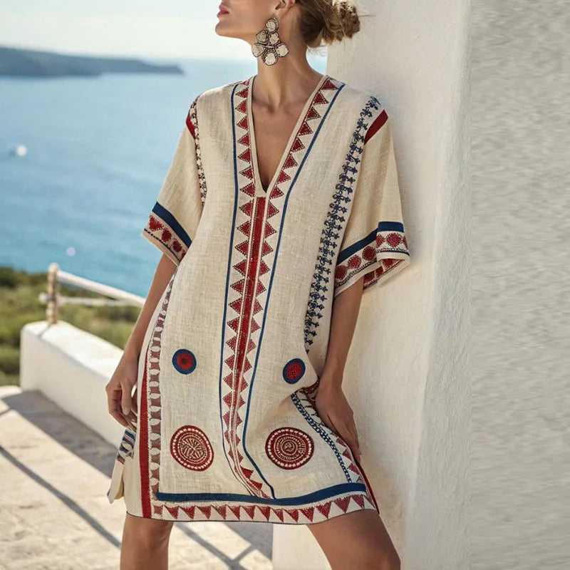 Winevra | Wine Red & Blue Pattern Beach Dress