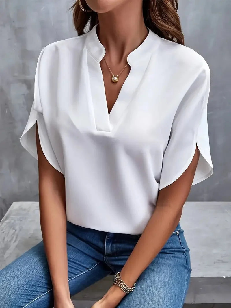 Perronet | White V-Neck Half Sleeve Blouse