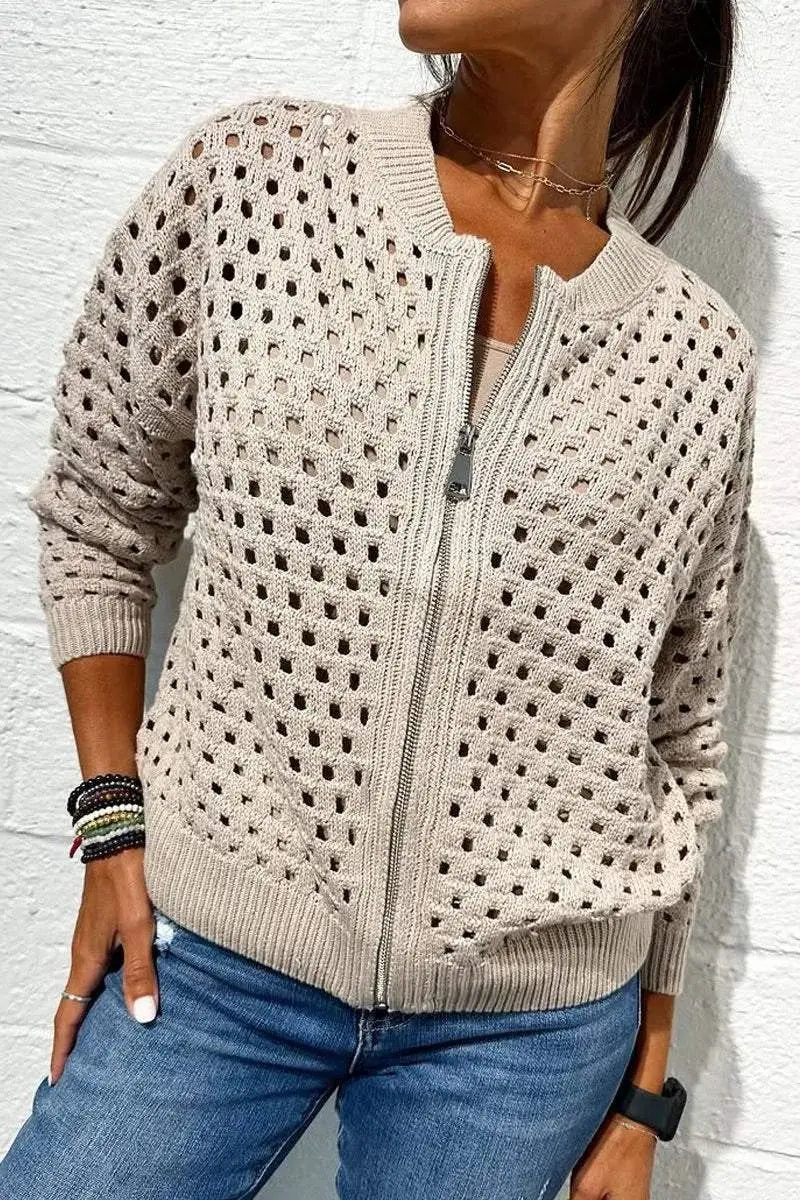 Amberlyn | Taupe Zip Front Knitted Cardigan