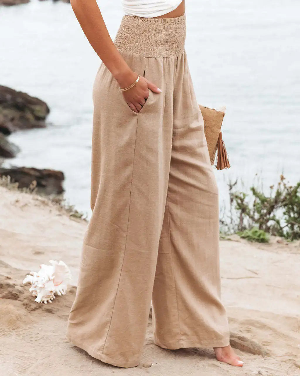Farrow | Beige Lace Wide Leg Elastic Waist Pants — view 4