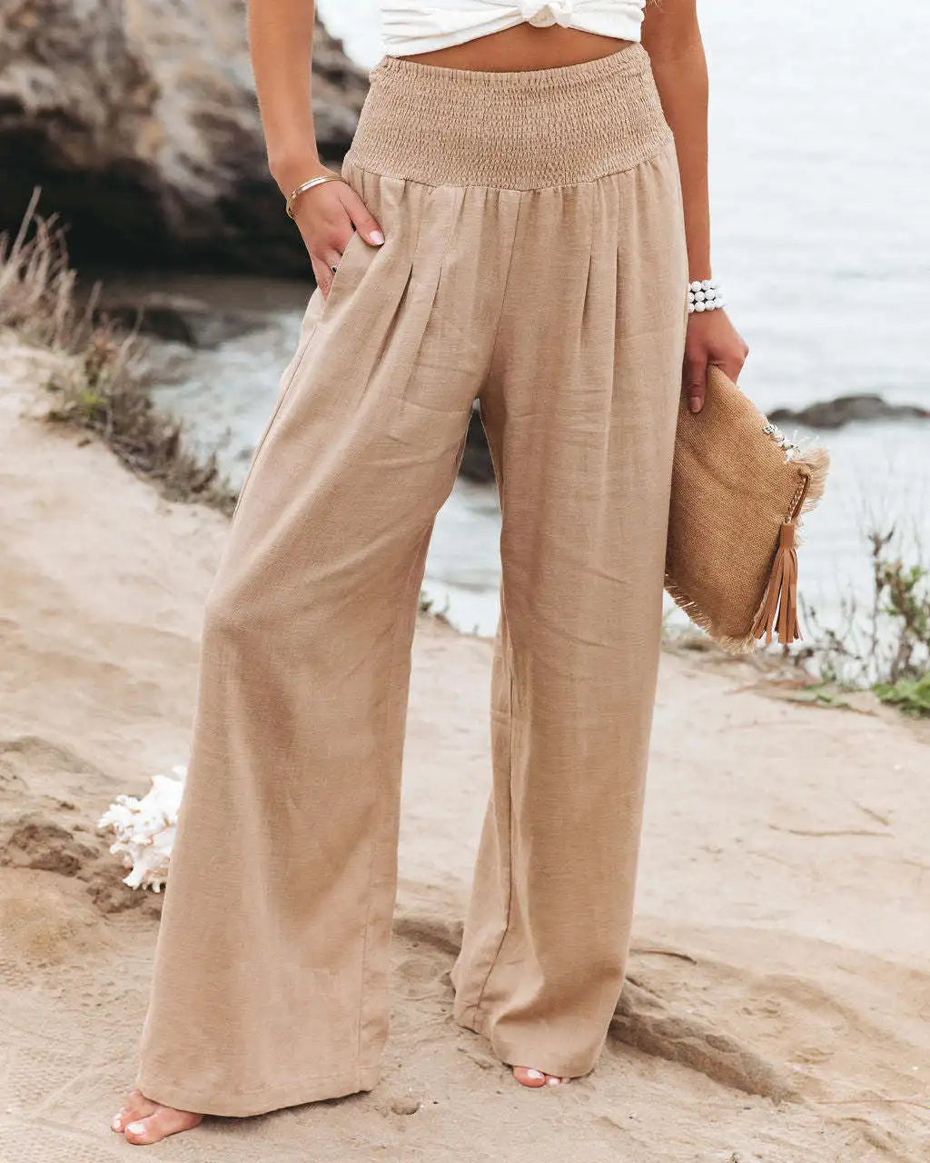 Farrow | Beige Lace Wide Leg Elastic Waist Pants