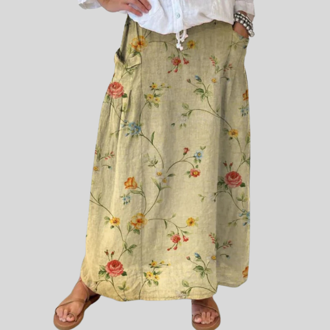 Mella | Retro Elegant Floral Art Elastic waistband Pocket Skirt — view 4