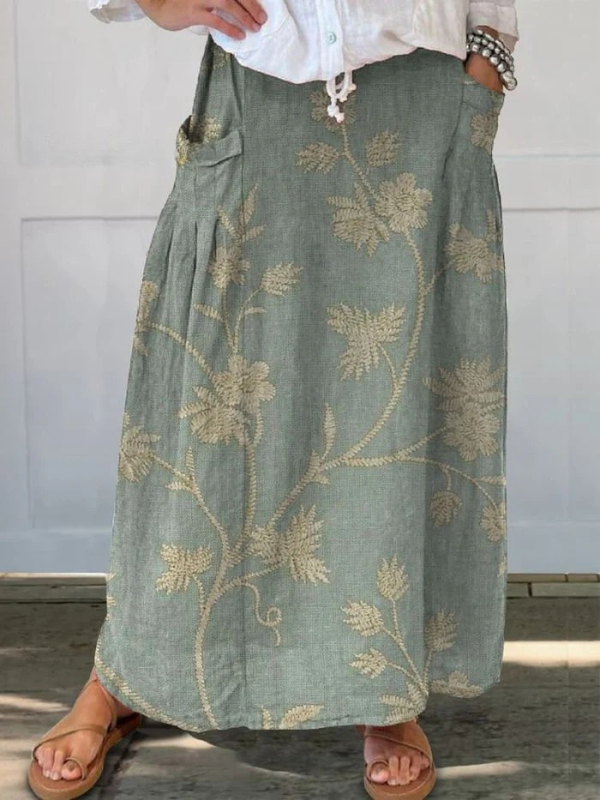 Mella | Retro Elegant Floral Art Elastic waistband Pocket Skirt — view 2